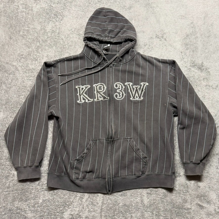 Vintage Kr3w Hoodie Mens XL Black Full Zip Striped Drawstring Skateboard Y2K