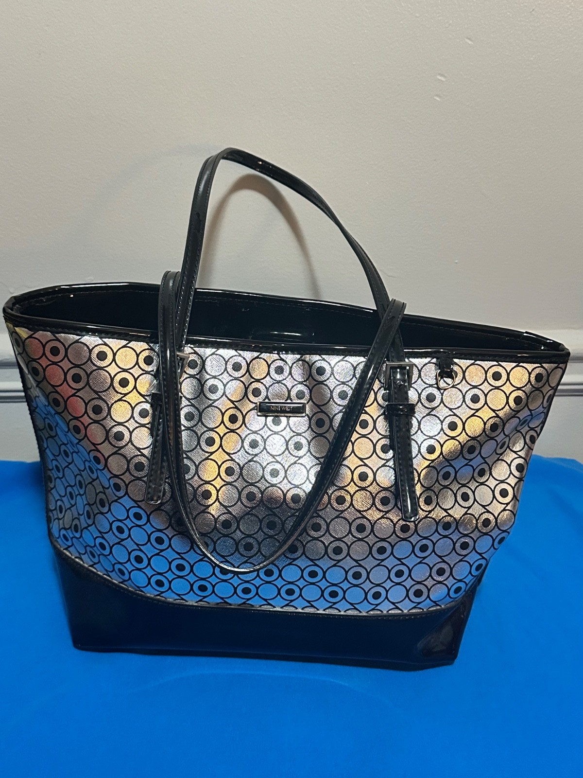 Nine West Large Shoulder Tote Metallic Silver Shine Bling Black Patent Trim NWT Nine West Large Shoulder Tote Metallic Silver Shine Bling Black Patent Trim NWT