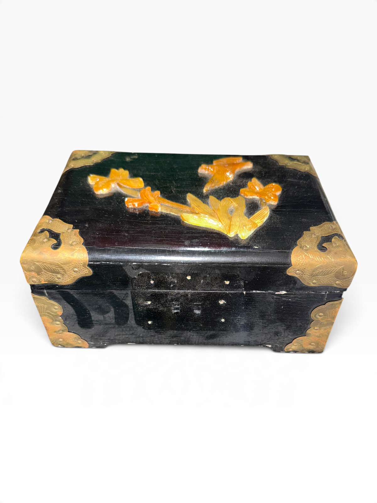 Vintage Asian Black Lacquer Wood Jewelry Box Carved Floral Bird Brass Corners