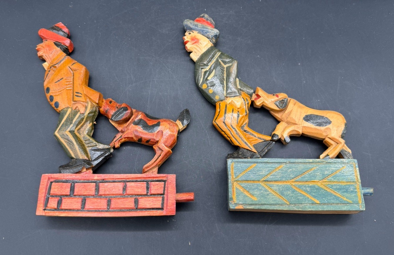 Lot of 2 Vintage Wood Wooden Mechanical Toys Dog Biting Pulling Man's Coat