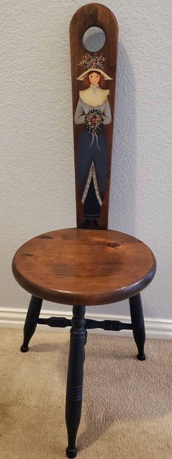 Vintage Primitive Three-Legged Chair Hand Painted Maiden Vintage Primitive Three-Legged Chair Hand Painted Maiden