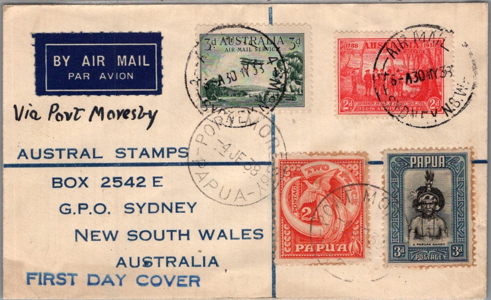 AUSTRALIA PAPUA NEW GUINEA 1938 FDC MIXED USED AIRMAIL COVER VIA PORT MORESBY AUSTRALIA PAPUA NEW GUINEA 1938 FDC MIXED USED AIRMAIL COVER VIA PORT MORESBY