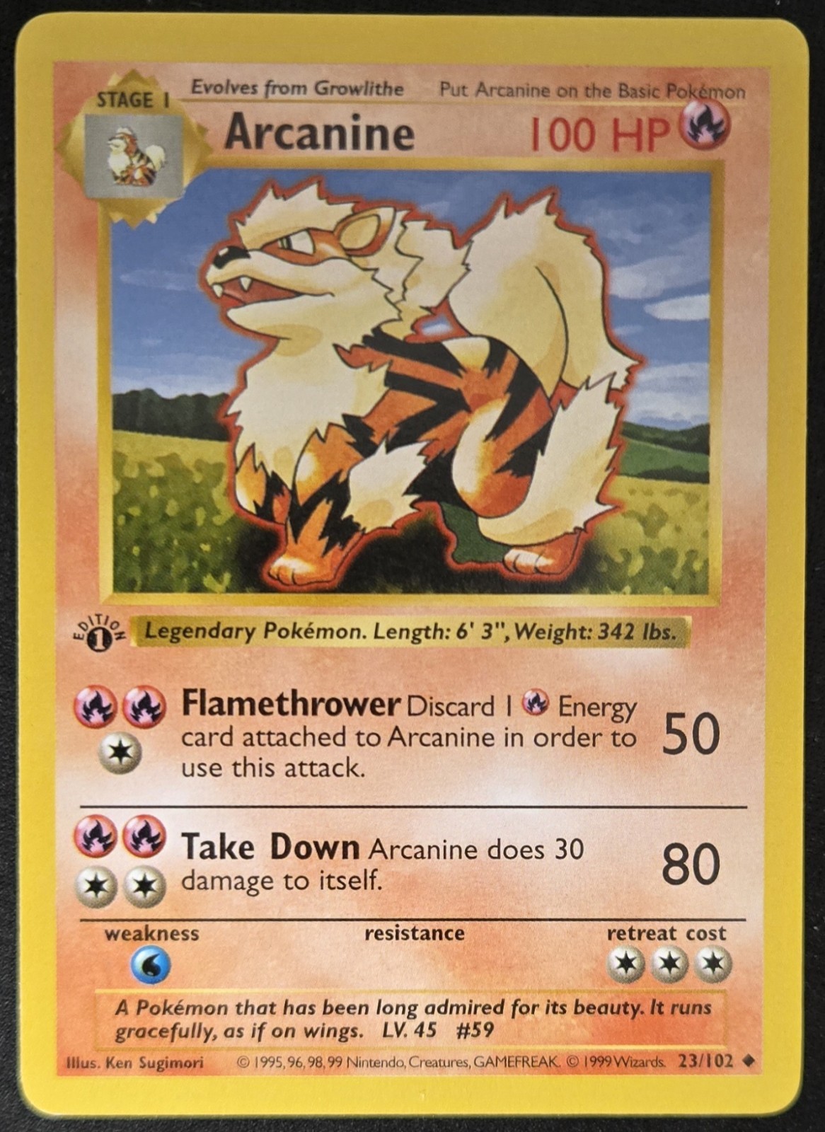 1st Edition Arcanine 23/102 Base Set WoTC Pokémon Trading Card Game 1999 LP