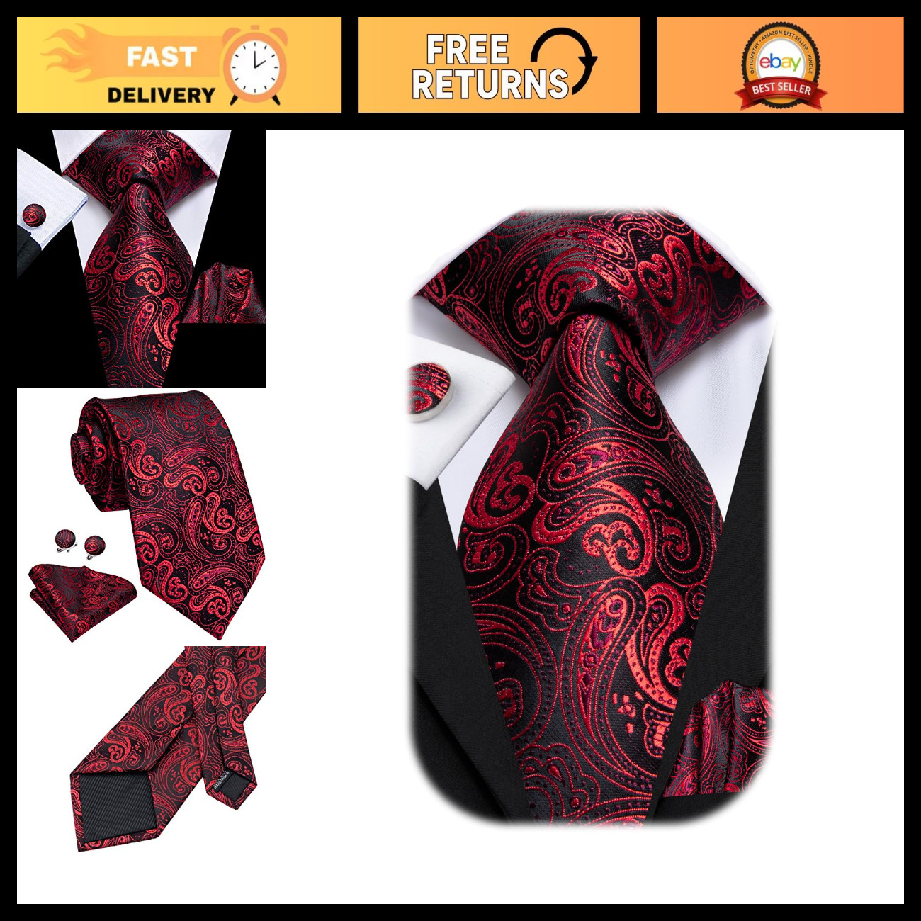 Men\'s Paisley Floral Silk Tie Set - Striped Necktie, Pocket Square & Cufflinks f