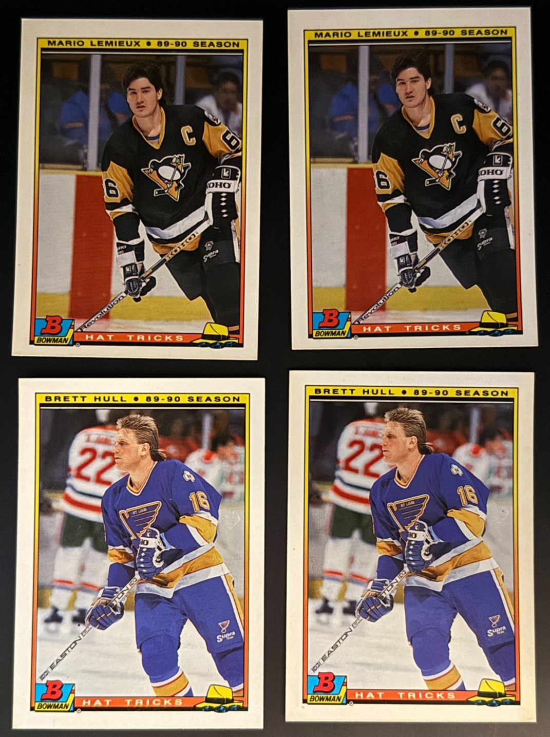 1990 Bowman Hat Tricks Tiffany 4-Card Lot Brett Hull #1 (x2) & Mario Lemieux(x2)