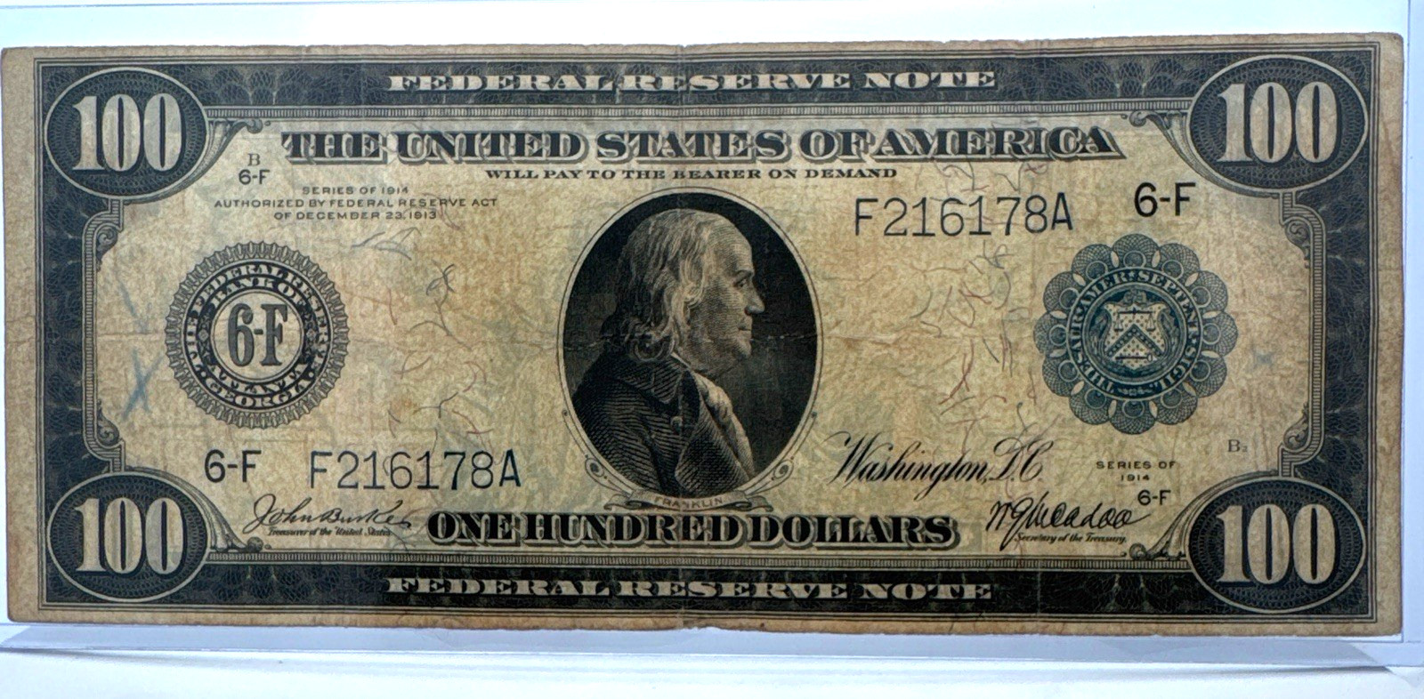 1914 6-F $100 Federal Reserve Blue Seal Ben Franklin Better Date Large Size Note 1914 6-F $100 Federal Reserve Blue Seal Ben Franklin Better Date Large Size Note