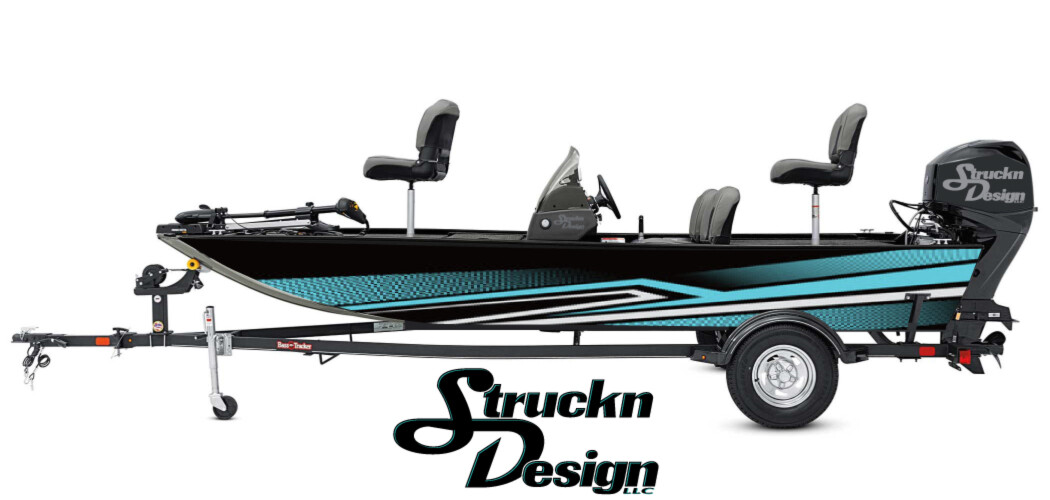 Retro Teal Tech Swirled Lines Black Vinyl Graphic Decal Kit Fish Boat Wrap USA