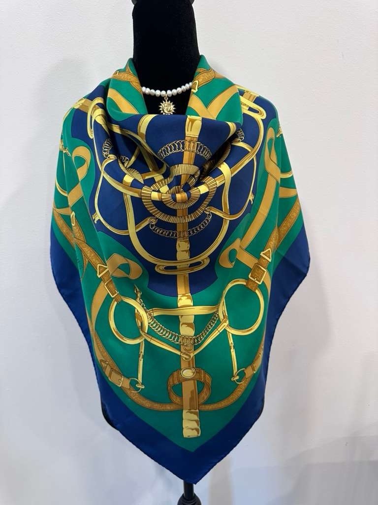 Hermes Silk Scarf Carré 90 Navy Green Hand Rolled Made in France Hermes Silk Scarf Carré 90 Navy Green Hand Rolled Made in France