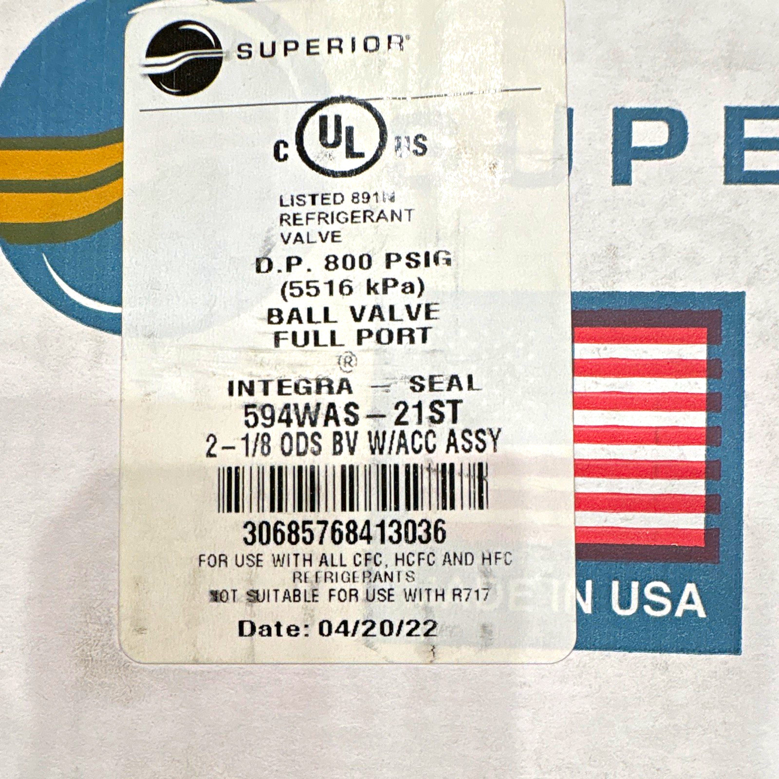 Superior Integra-Seal 594WAS-21ST Full Port Refrigerant Ball Valve 2-1/8 ODS