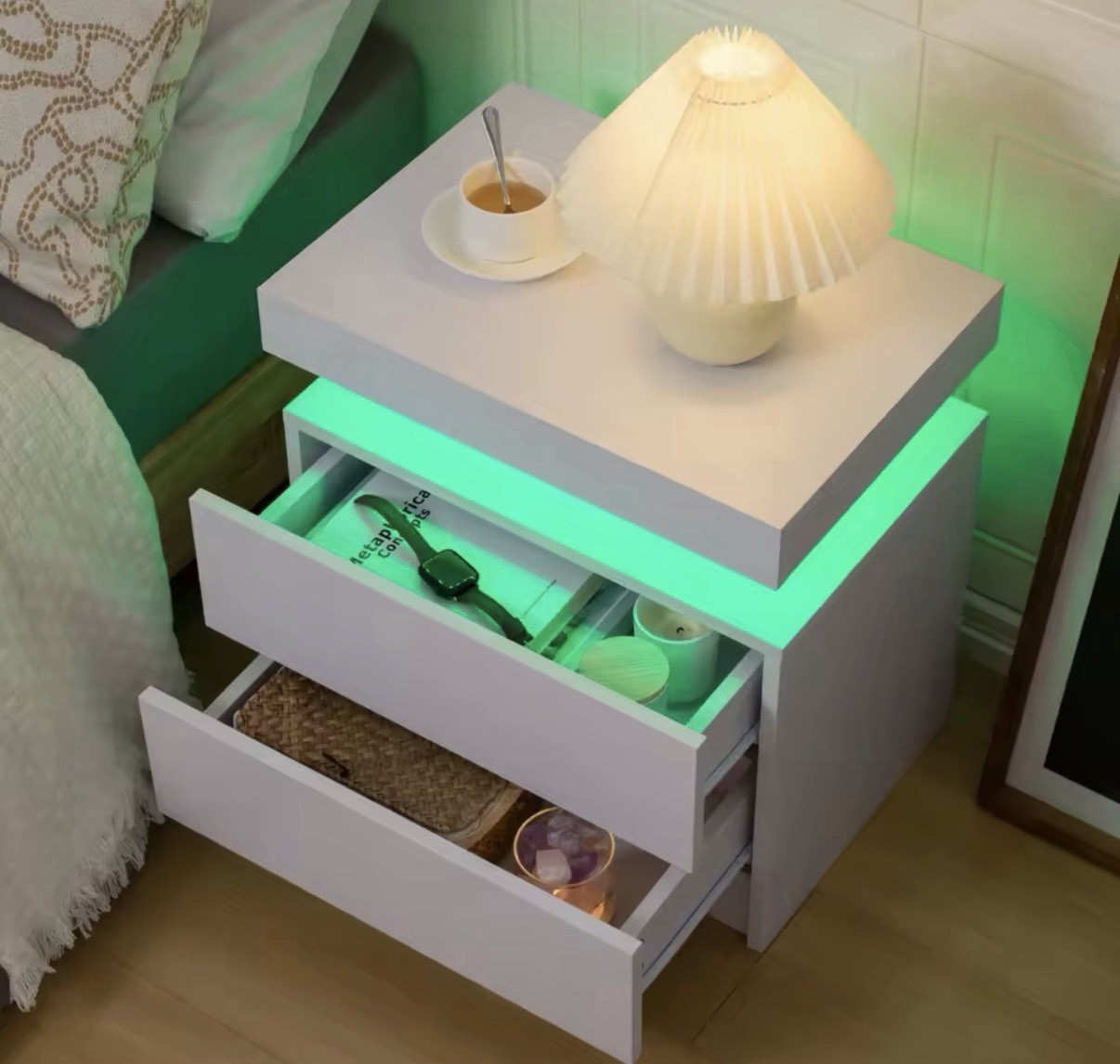 Modern White Nightstand with 2 Drawers and LED Ambient Lighting, Bedside Table