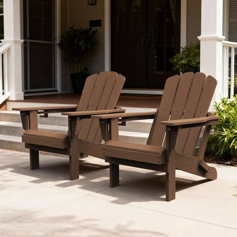 2pcs All-Weather HDPE Folding Adirondack Chair Fire Pit Chair w/Cup Holder,Brown
