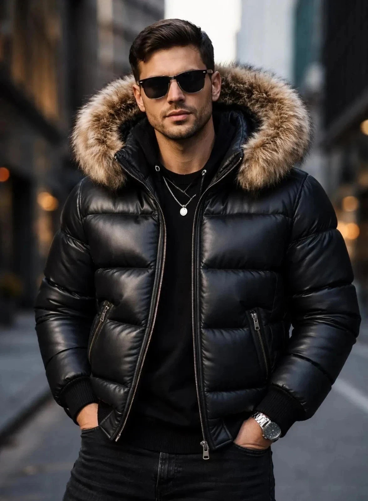 Men’s Genuine Lambskin Puffer Jacket Black Fur Removable Hood Winter Bomber Coat Men’s Genuine Lambskin Puffer Jacket Black Fur Removable Hood Winter Bomber Coat