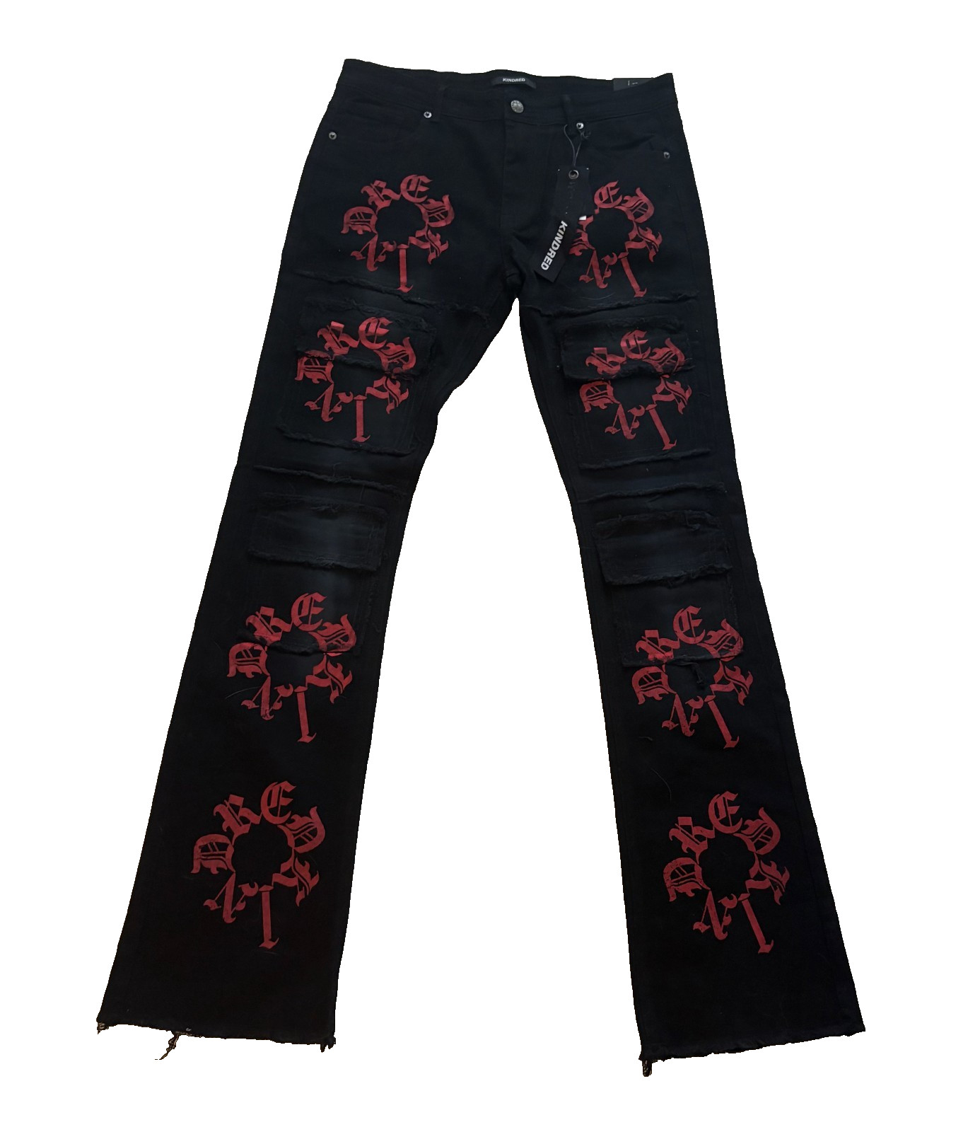 Kindred Mens Jeans 42x36 Black Red Embroidered Logo Distressed Stretch Denim NWT