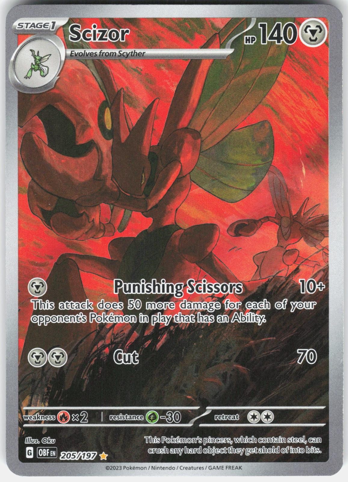 Scizor 205/197 Illustration Rare Obsidian Flames Pokemon Holo Lightly Played