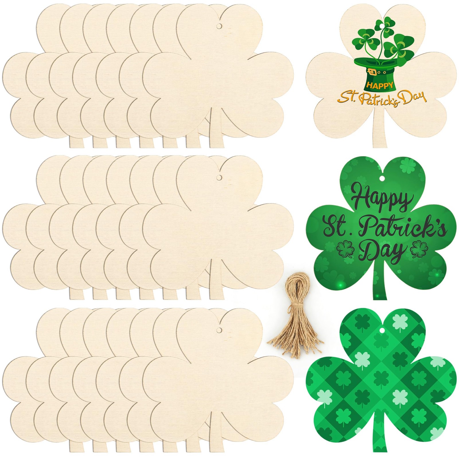 40 Pcs St. Patrick\'s Day Wooden Shamrock Hanging Ornaments 3.5 x Natural wood 
