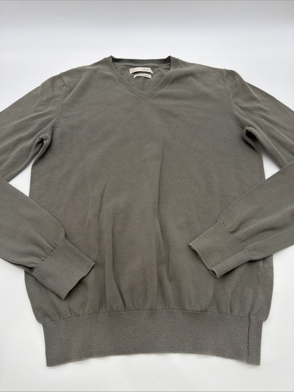 Celio 100% Pima Cotton Sweatshirt Men S Gray Solid V-Neck .#49549