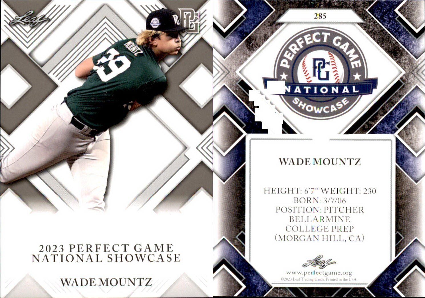 WADE MOUNTZ Rookie 2023 Leaf Perfect Game National Showcase RC #285 WADE MOUNTZ Rookie 2023 Leaf Perfect Game National Showcase RC #285