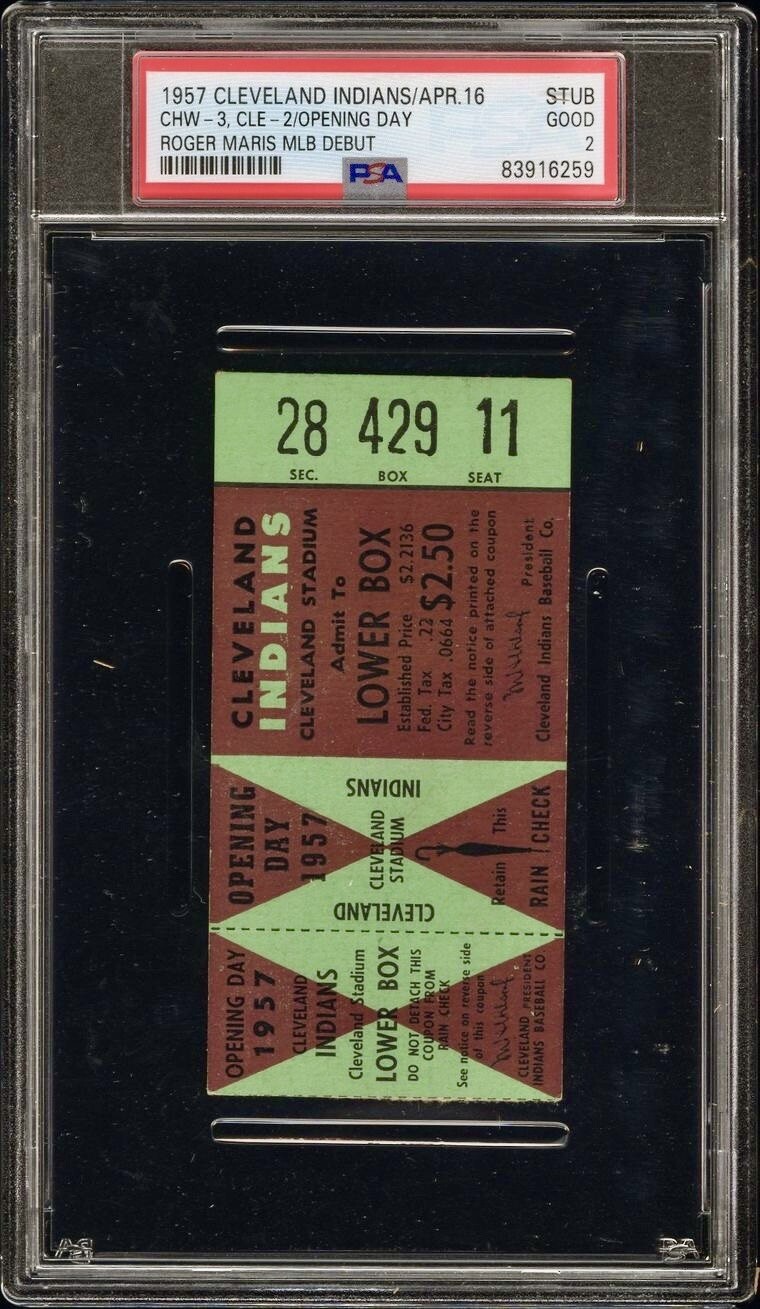 1957 ROGER MARIS MLB DEBUT TICKET🎟️4/16/57 OPENING DAY CLEVELAND INDIANS PSA 2 1957 ROGER MARIS MLB DEBUT TICKET🎟️4/16/57 OPENING DAY CLEVELAND INDIANS PSA 2