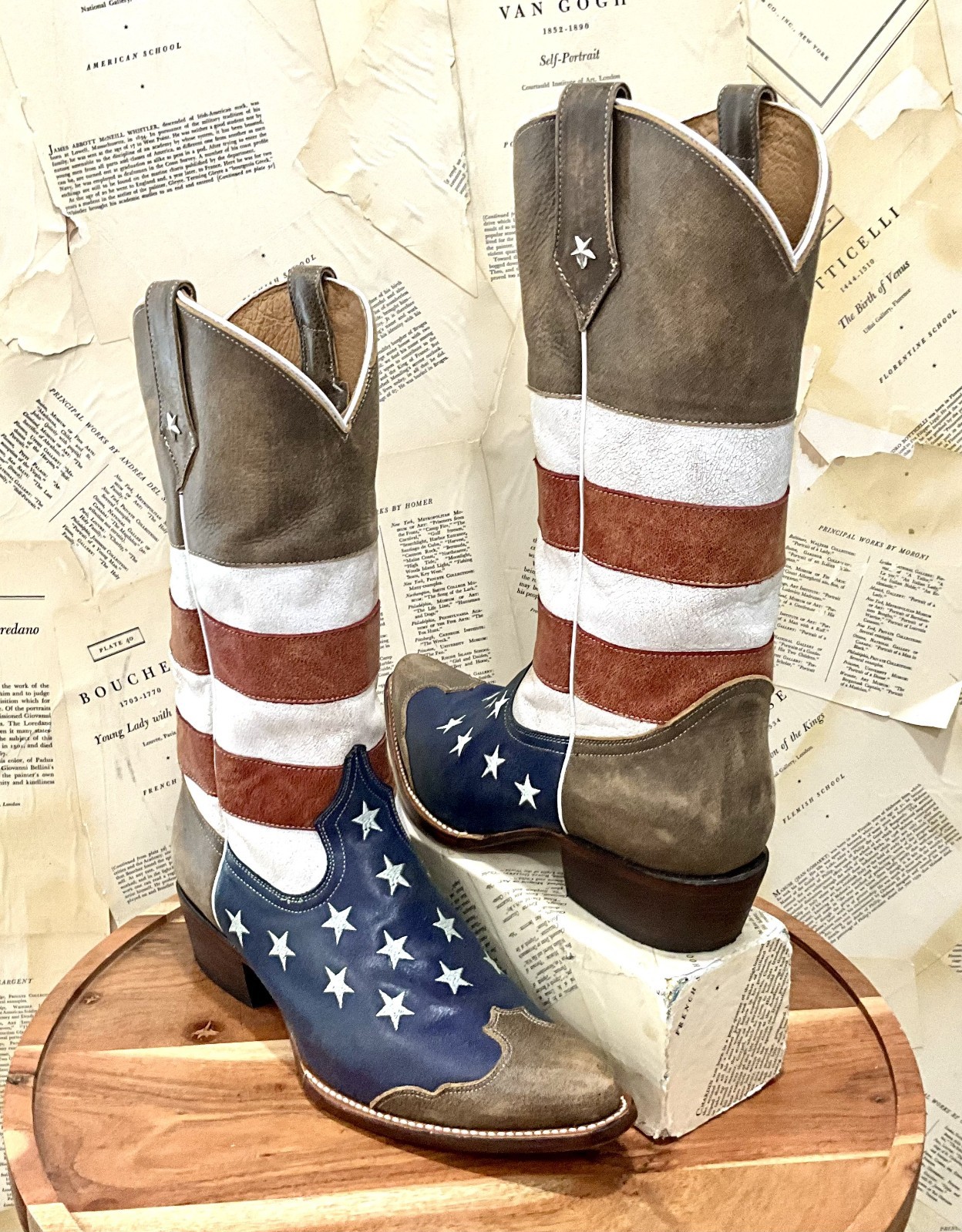 Roper Men\'s American Flag Cowboy Boot Distress Leather Brown Red Blue 10.5 D EUC