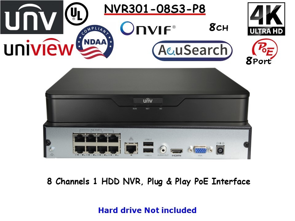 UNV Uniview NVR301-08S3-P8 8CH 1 HDD NVR, Plug & Play PoE Interface ONVIF UNV Uniview NVR301-08S3-P8 8CH 1 HDD NVR, Plug & Play PoE Interface ONVIF