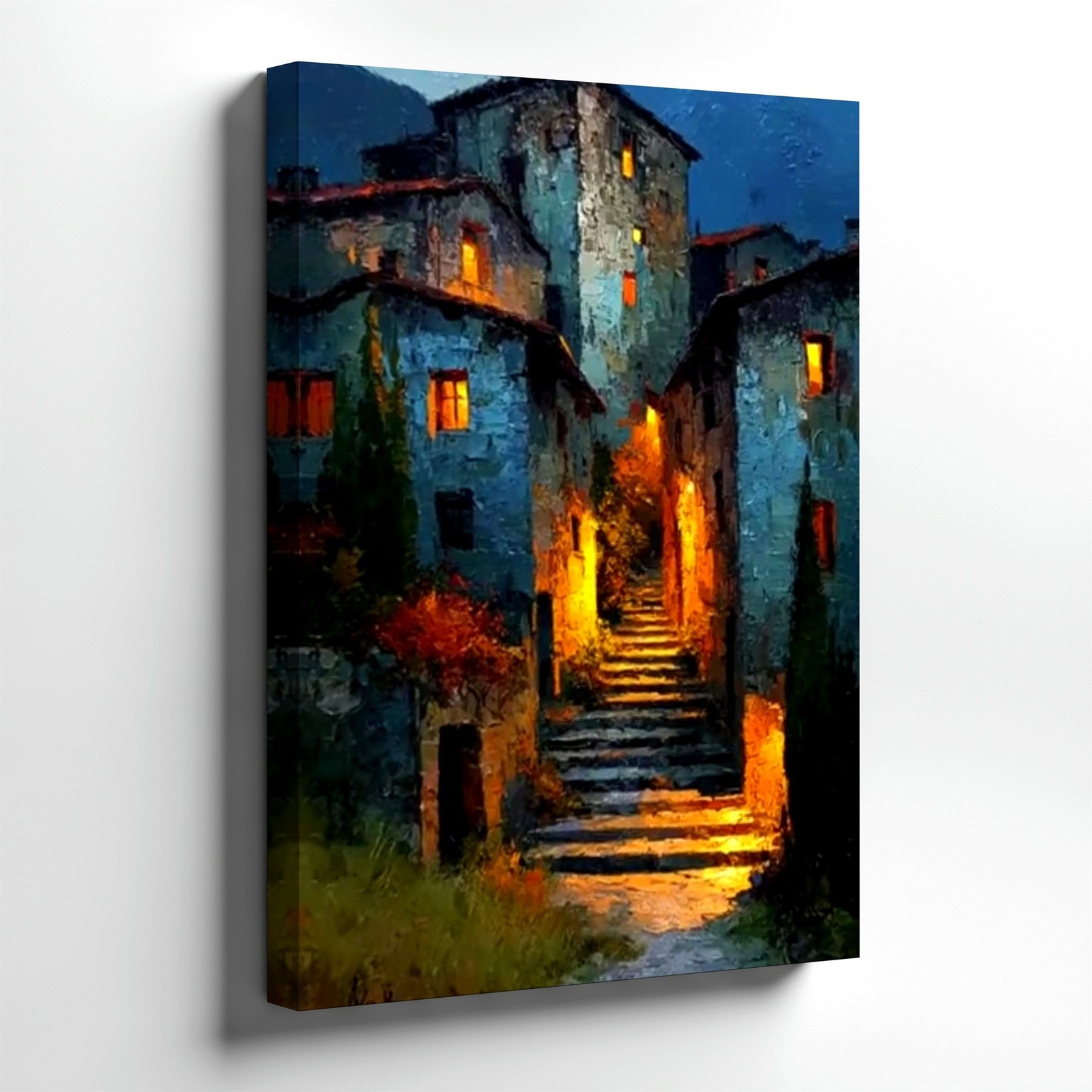 Canvas Rustic Village Street Night Stairway Painting Houses Mountain Home Print Canvas Rustic Village Street Night Stairway Painting Houses Mountain Home Print