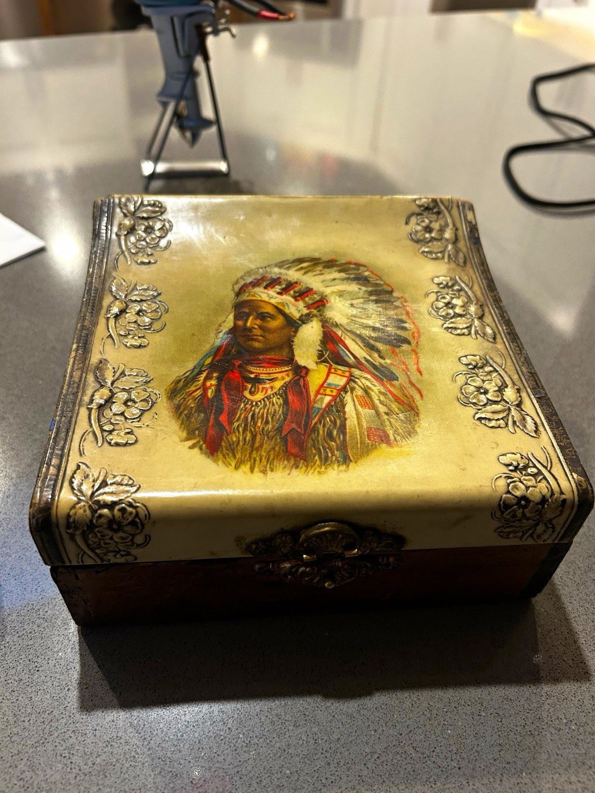 Antique Rare Original Victorian Celluloid Indian Native American Dresser Box Antique Rare Original Victorian Celluloid Indian Native American Dresser Box