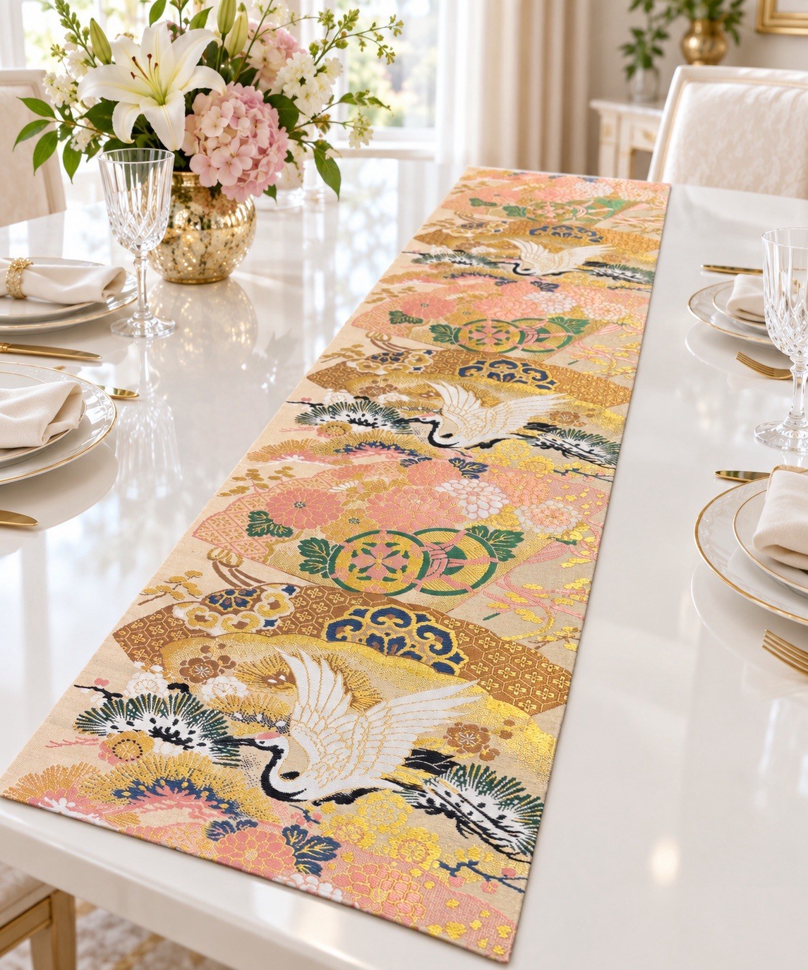 Luxury Japanese Bridal Maru Obi Table Runner 47.2” Reversible Silk Embroidery