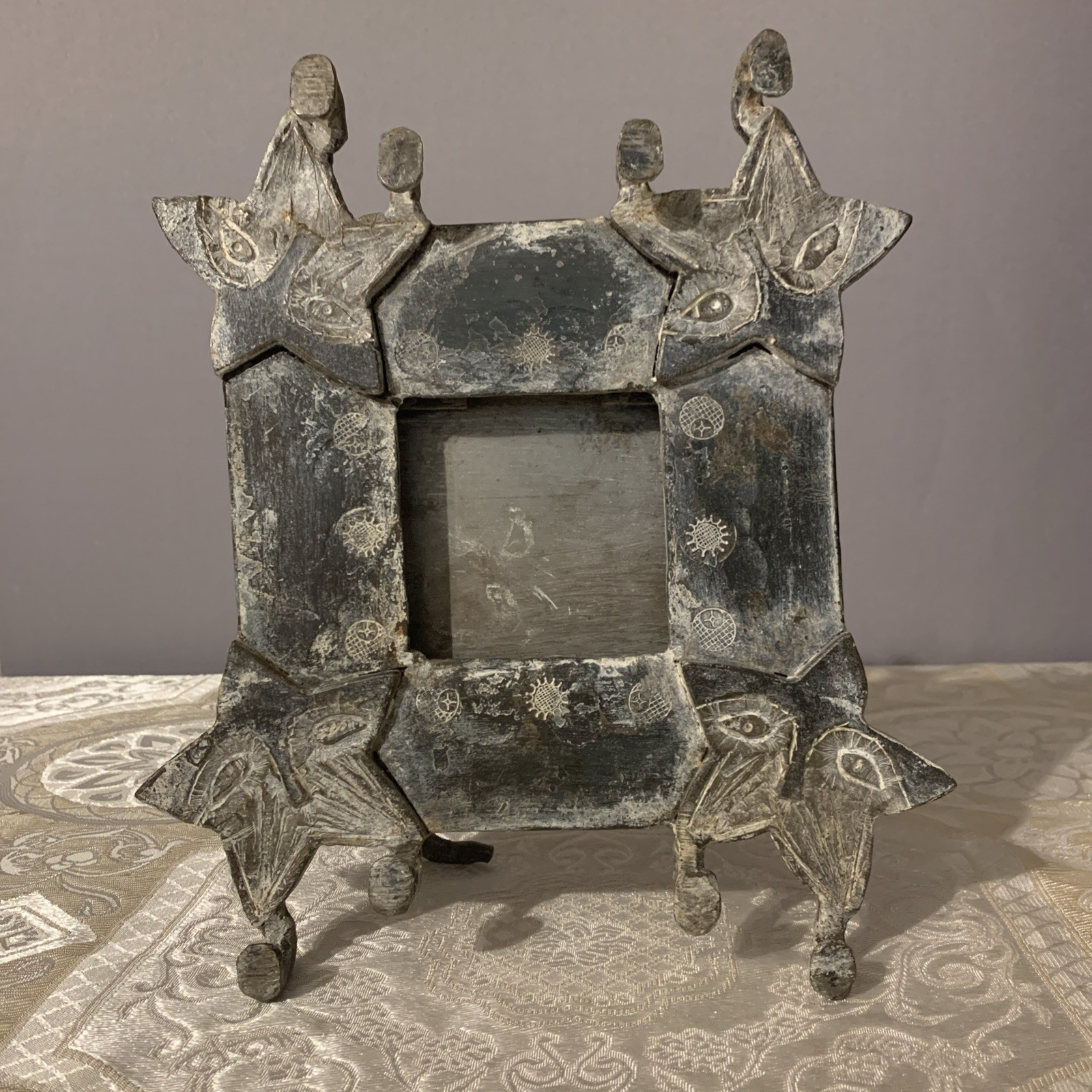 Vtg Heavy (Possibly Cast Iron) Hecho in Mexico Unique Folk Art Picture Frame 