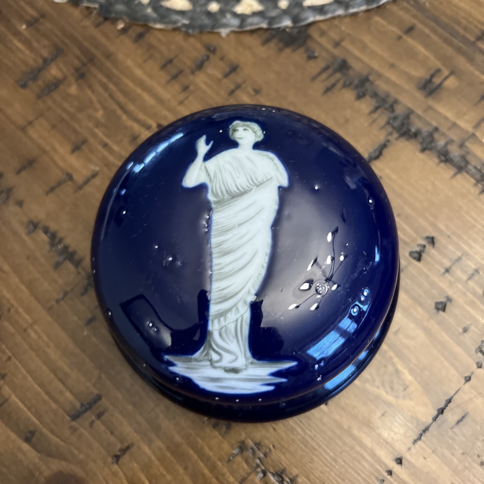 Beautiful vintage blue with Greek Lady fedora powder jar Beautiful vintage blue with Greek Lady fedora powder jar