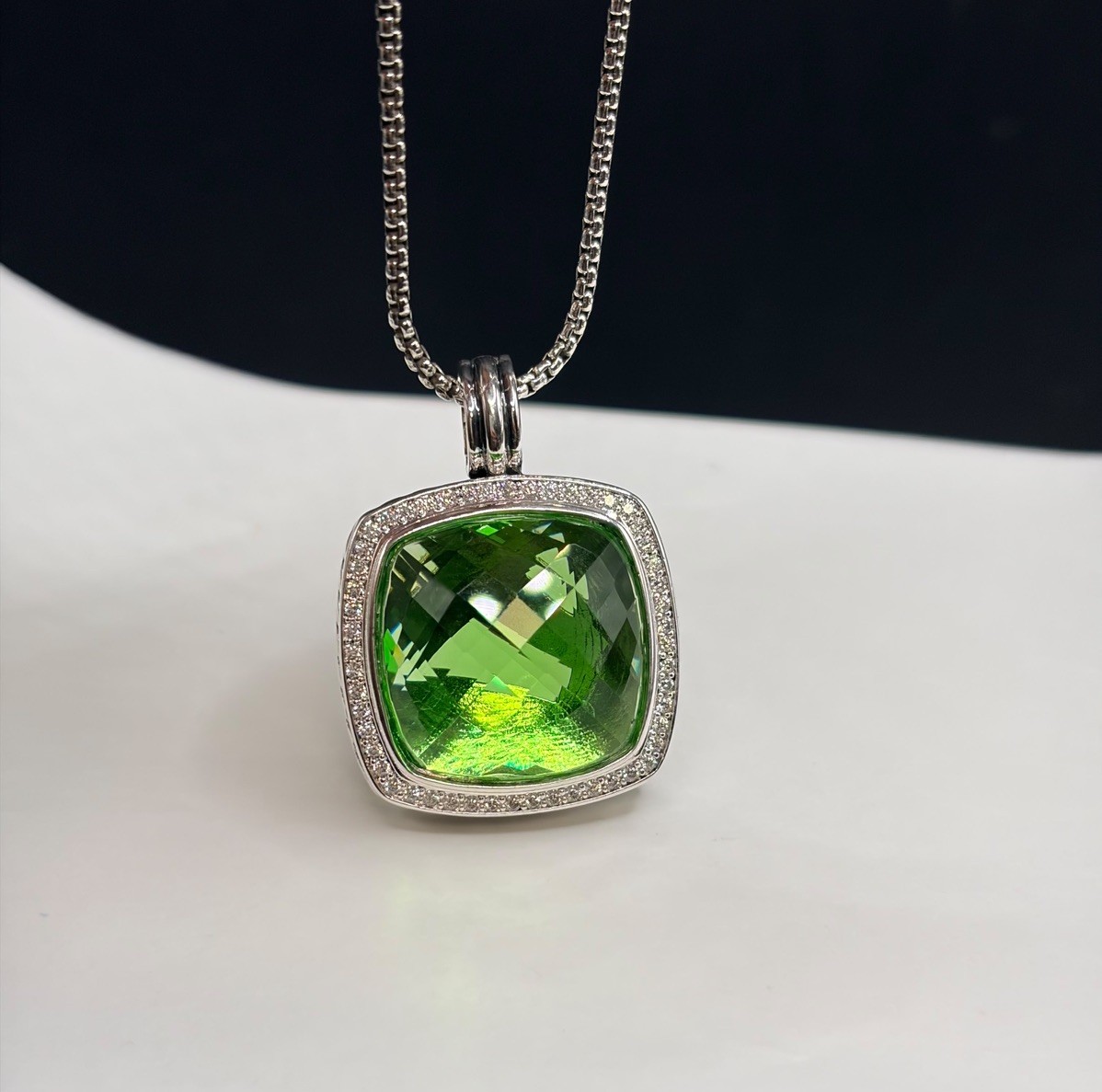 David Yurman Sterling Silver 20mm Albion Green Peridot Pendant Necklace 18 Inch