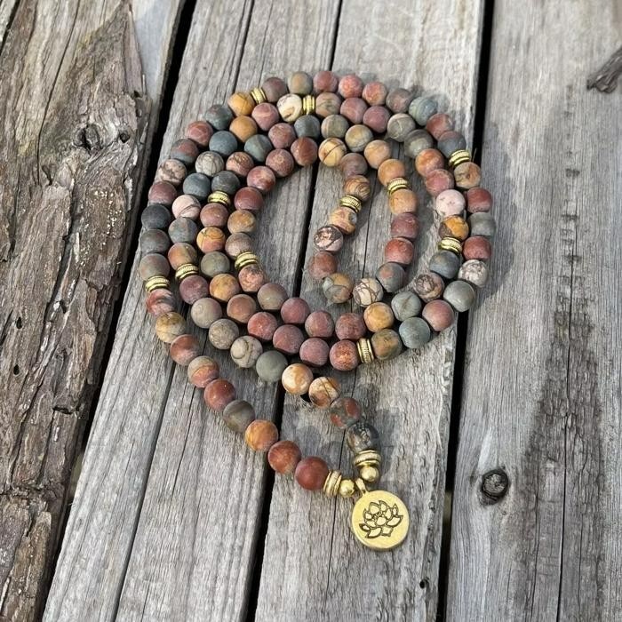 108 Mala Beads Picasso Jasper Bracelet Healing Meditation Prayer Necklace Gift