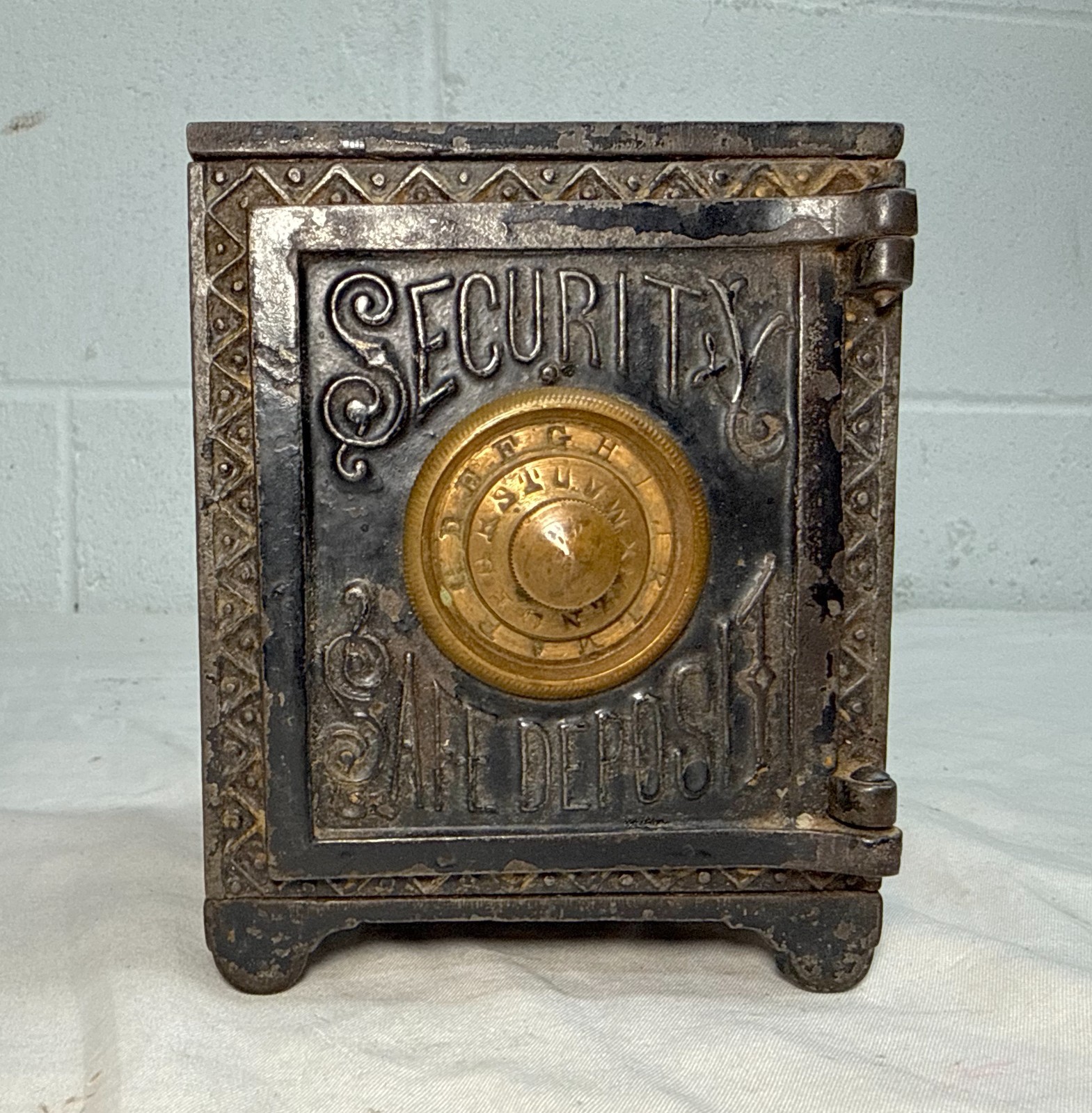 Rare Antique 1888 Cast Iron brass Security Safe Deposit lockable Still Bank Rare Antique 1888 Cast Iron brass Security Safe Deposit lockable Still Bank