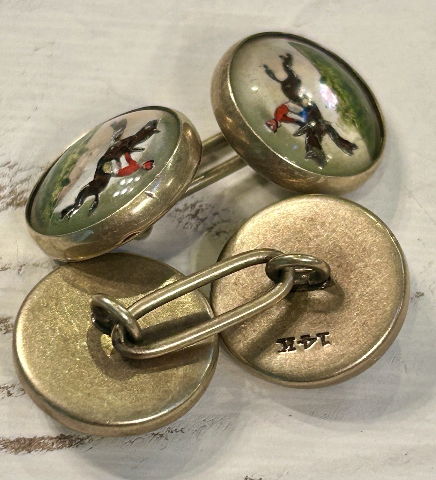 Antique VTG 14K Solid Gold Intaglio Reverse Essex Crystal Horse Jockey Cufflinks