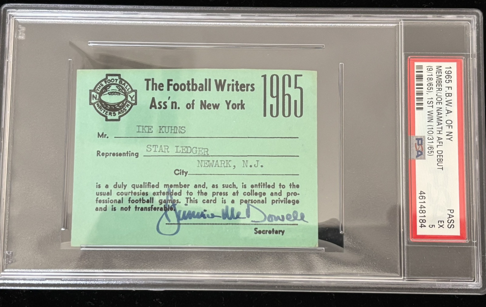 1965-66 Joe Namath Debut PSA Pass Ticket 1St/TD/Win FBWA New York Jets AFL🏈