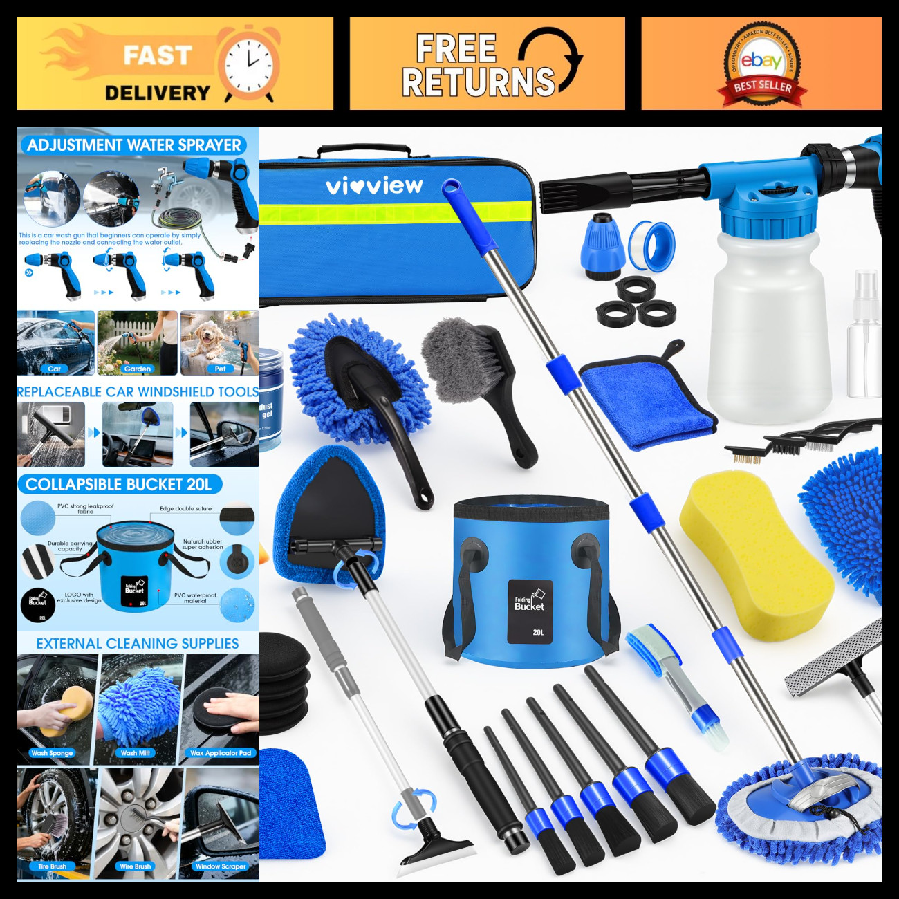 36Pcs Car Wash Detailing Kit - Foam Gun, Long Handle Brush, Collapsible Bucket, 36Pcs Car Wash Detailing Kit - Foam Gun, Long Handle Brush, Collapsible Bucket,