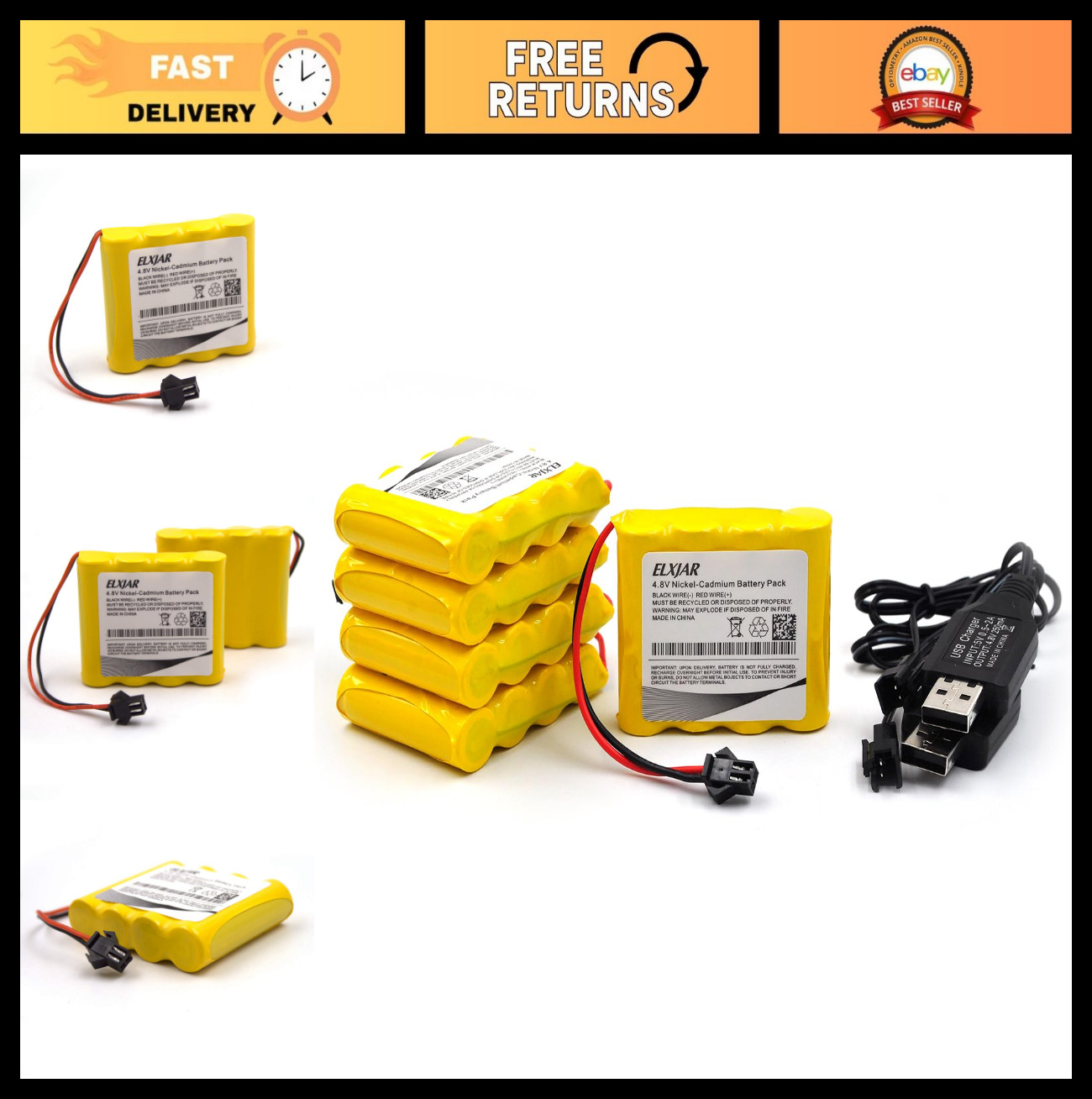 5-Pack 4.8V 800mAh Ni-Cd Rechargeable Batteries with SM-2P Plug for RC Cars