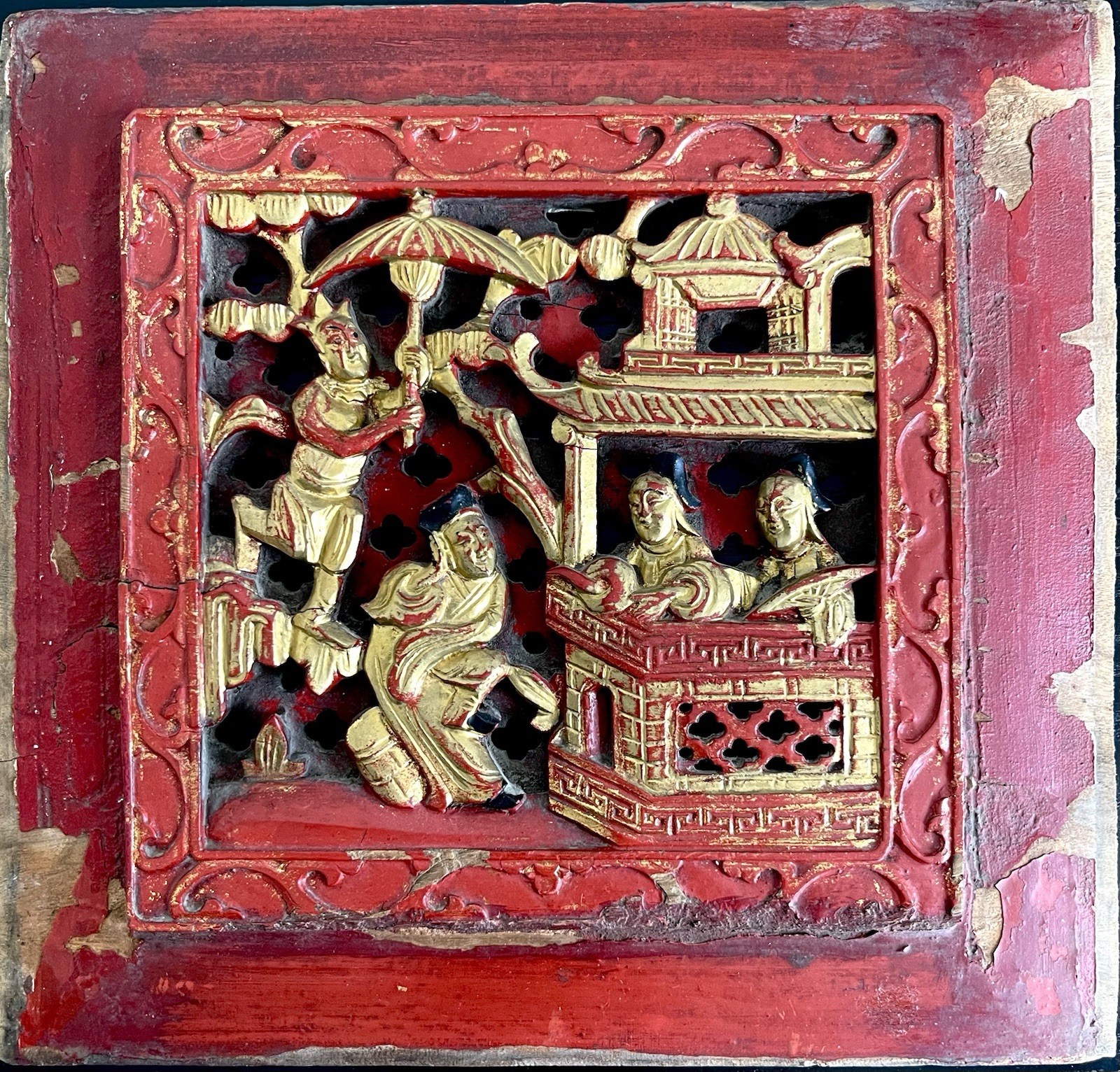 Antique Chinese Temple Carved Wood Panel Gilt Red Lacquer Taiwan Folk Art