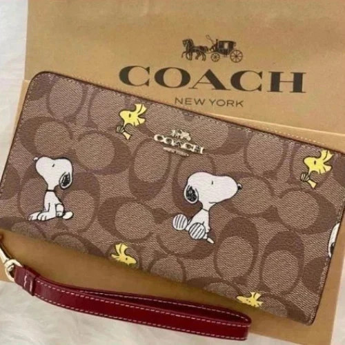 COACH x PEANUTS Long Zip around Wallet Snoopy Woodstock Khaki Signature CE705
