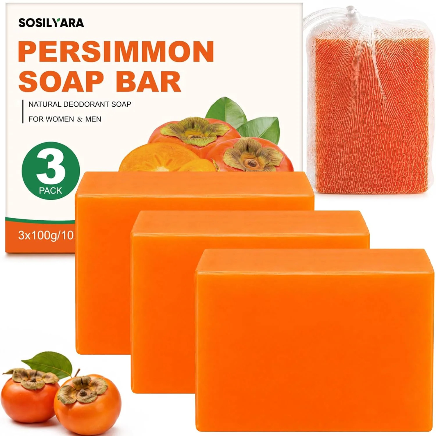 3 Pcs 100g Persimmon Soap Bar for Old People Smell | Natural Refreshing Body Cle