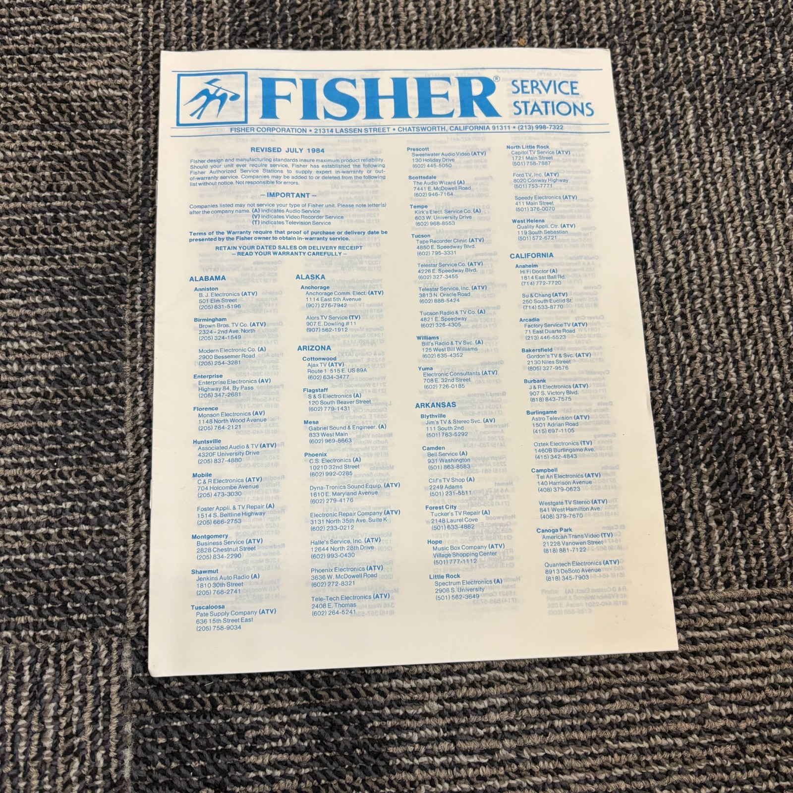 VTG FISHER SERVICE STATIONS DOCUMENT JULY 1984 NICE VTG FISHER SERVICE STATIONS DOCUMENT JULY 1984 NICE