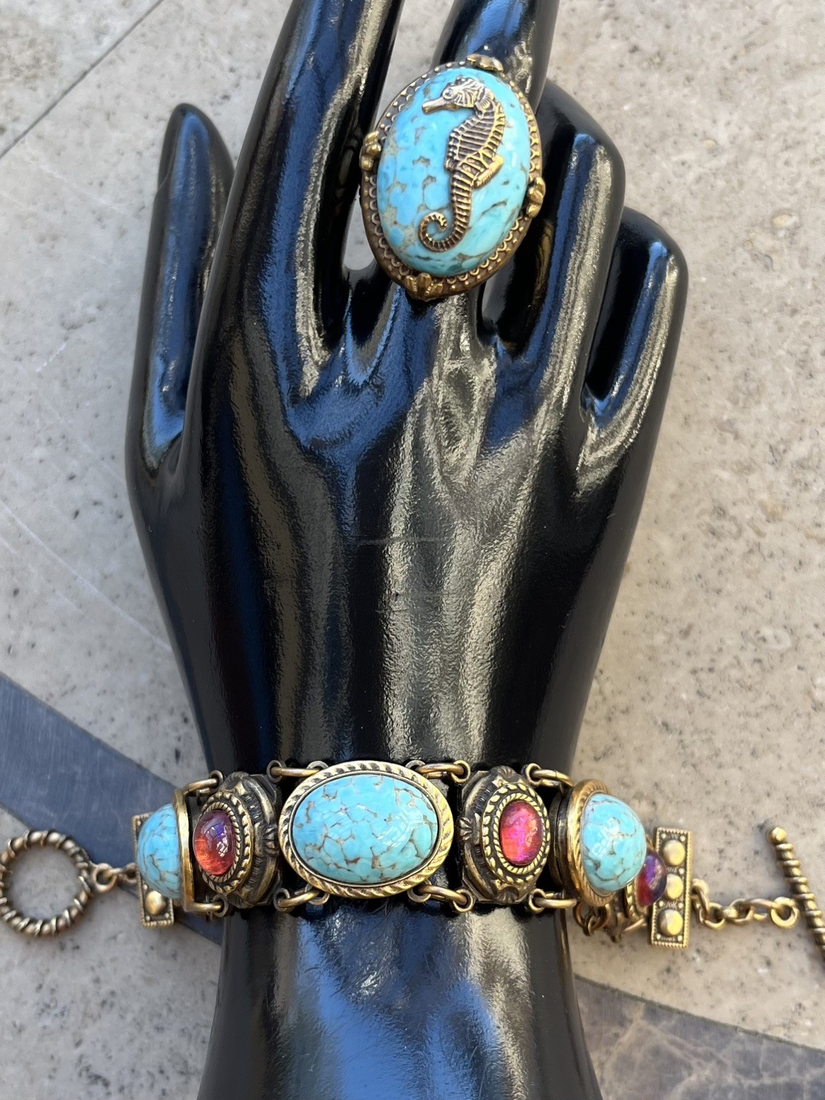 Antique looking turquoise and coral stone bracelet and ring set with Seahorse Antique looking turquoise and coral stone bracelet and ring set with Seahorse