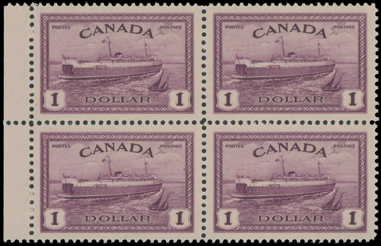 1946, CANADA PEACE ISSUE TRAIN FERRY $1 LILAC, MARGIN BLOCK OF 4, NH, UN.#273