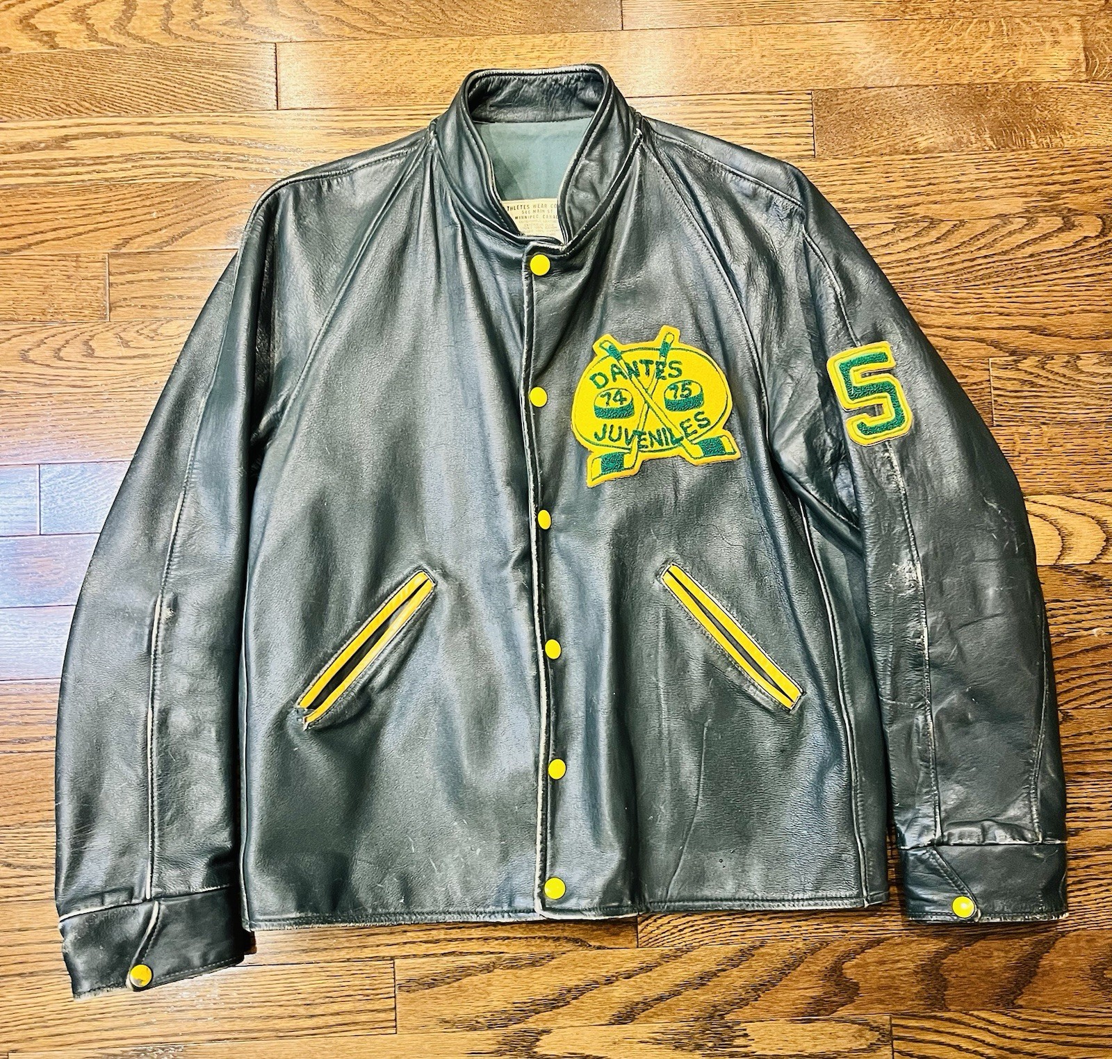 Men’s Vintage 1974-75 Dante’s Juveniles Leather Hockey Jacket #5 Canada M