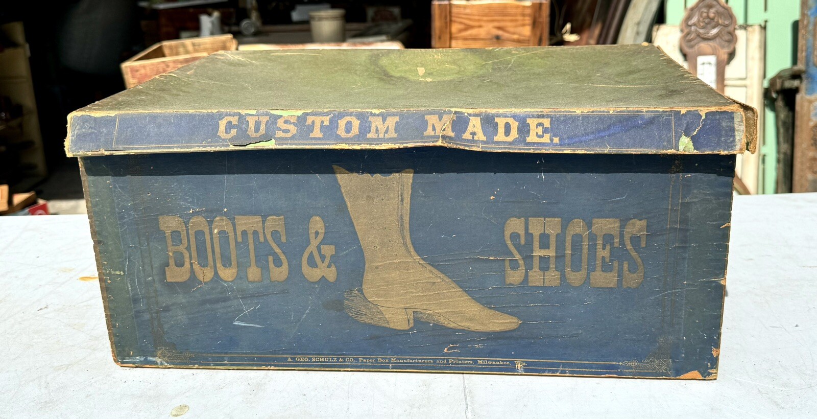Rare Antique Boots And Shoes Wood Crate Geo. Schulz Primitive Box Victorian Rare Antique Boots And Shoes Wood Crate Geo. Schulz Primitive Box Victorian