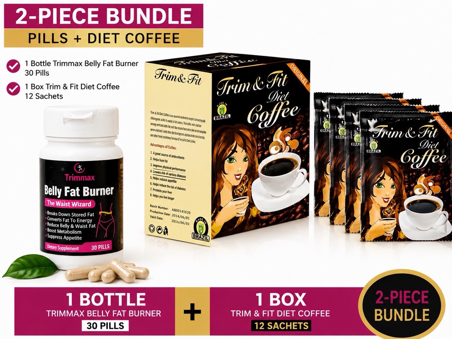 Trimmax Belly Fat Burner 30 Pills + Trim & Fit Diet Coffee 12 Sachets Bundle