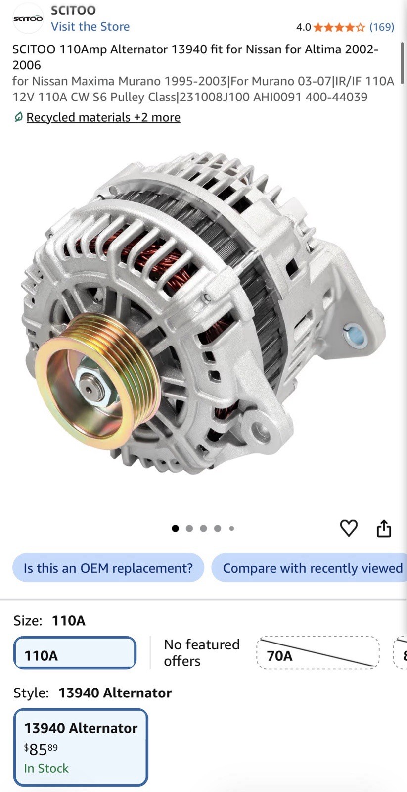 Alternator 110A Nissan Altima Maxima Murano 2002-2007 Replacement 13940 23100