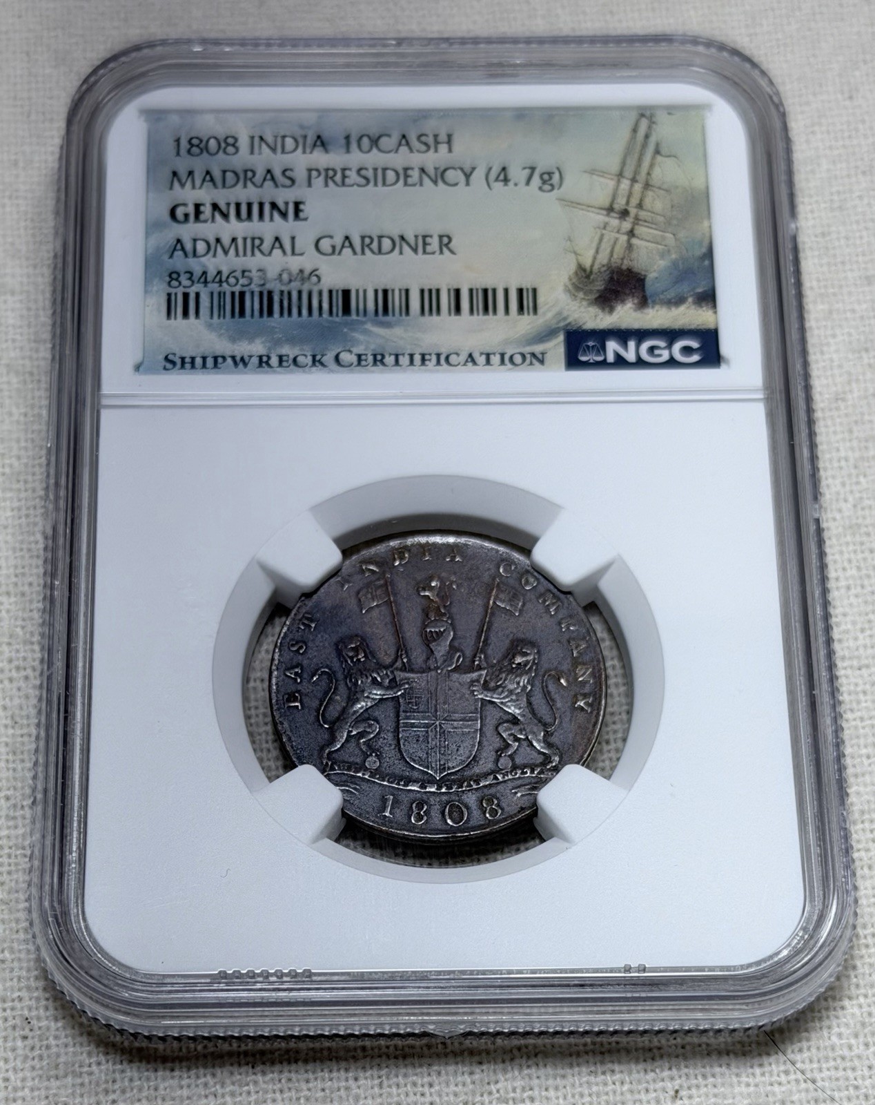 1808 India Madras Presidency 10 Cash NGC Genuine Admiral Gardner Shipwreck Coin