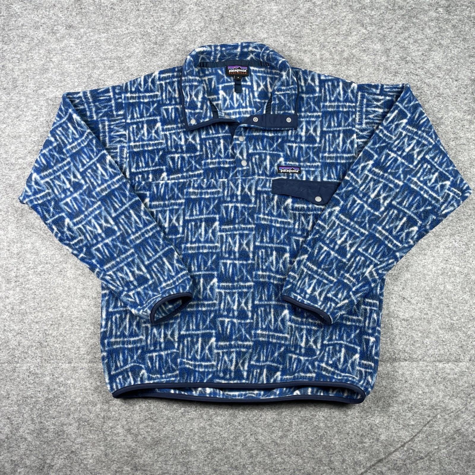 Patagonia Synchilla Fleece Pullover Sweater Mens M Blue Aztec Geometric Snap-T Patagonia Synchilla Fleece Pullover Sweater Mens M Blue Aztec Geometric Snap-T