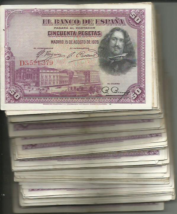 SPAIN LOT BUNDLE 100x 50 PESETAS 1928 P 75. VF CONDITION. 3RW 5MAY