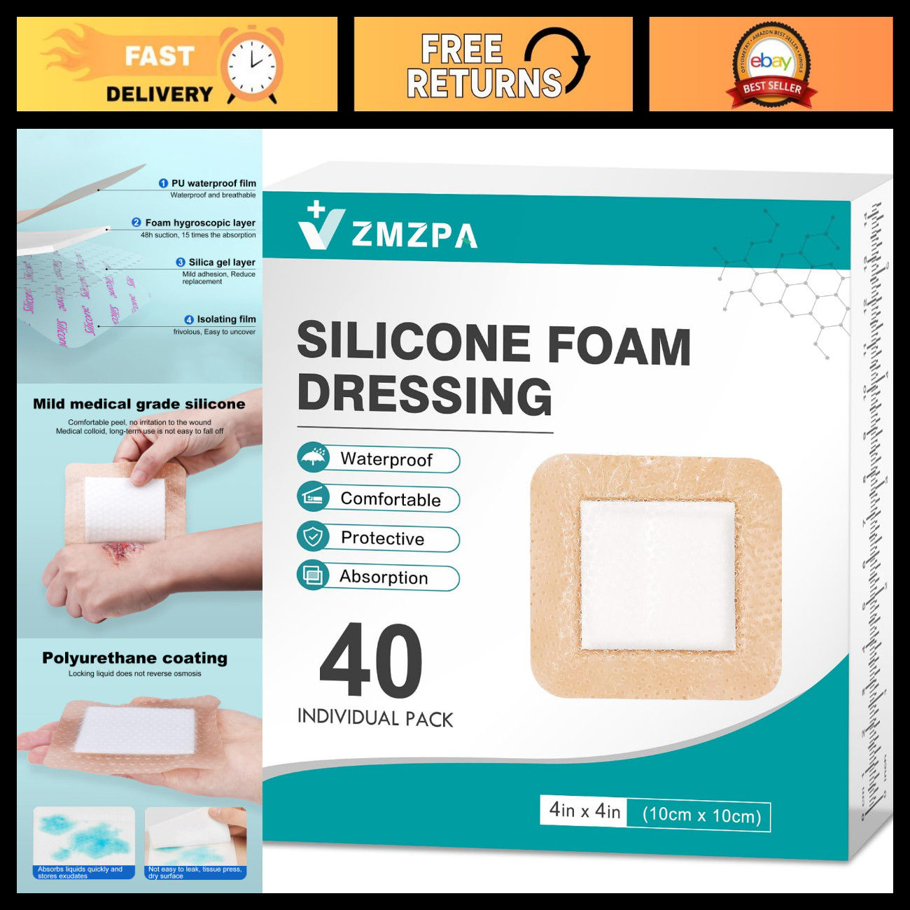 40Pcs Waterproof Silicone Foam Dressings 4x4, Gentle Border Bandages for Wound C 40Pcs Waterproof Silicone Foam Dressings 4x4, Gentle Border Bandages for Wound C